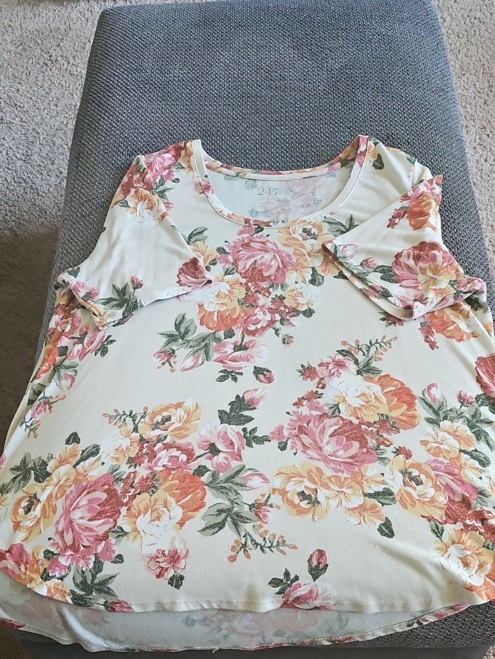 Maurices Cream Floral Scoop Neck Top with Pink and Peach Blooms